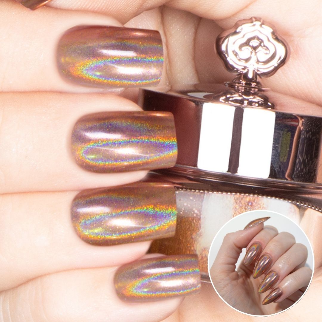 Nails featuring a rose-gold copper base holographic powder with a radiant, shimmery finish.