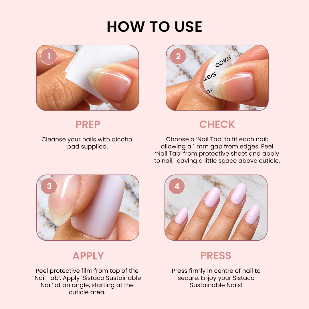 How to use Sistaco Sustainable Nails: prep, check, apply and press