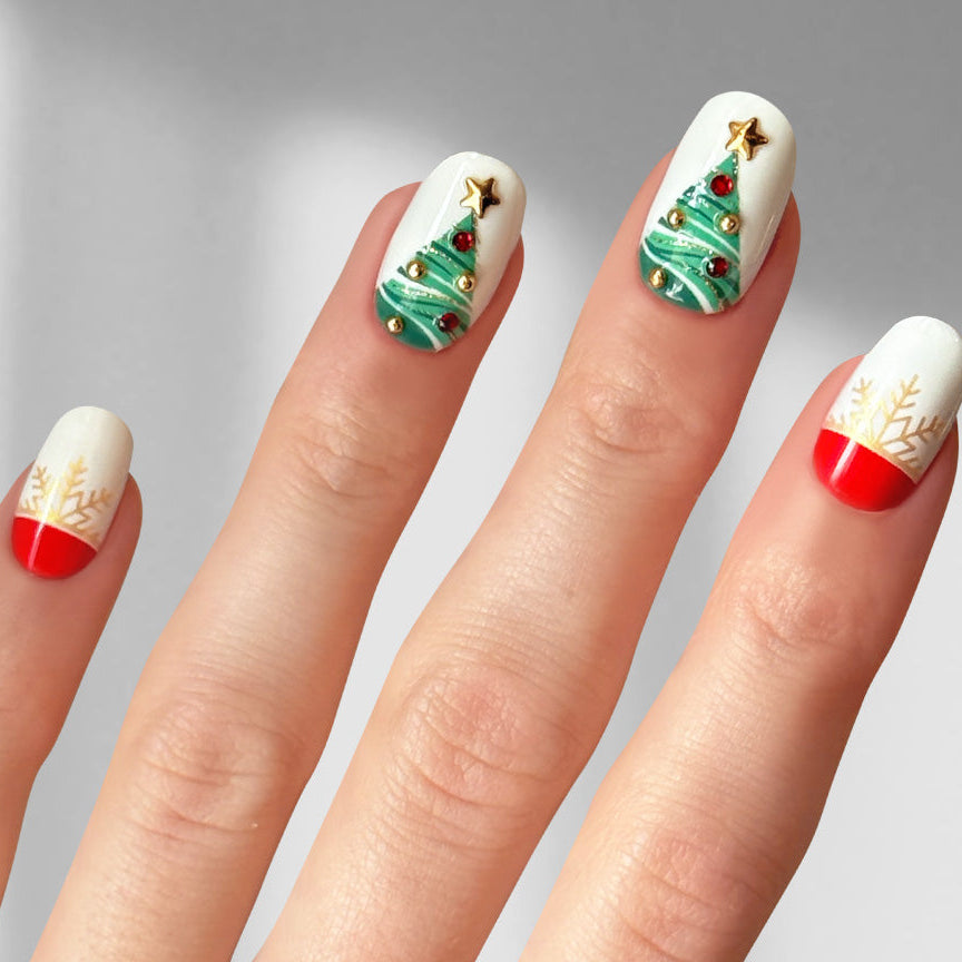 Xmas Cheer - Oval Sustainable Nails — tight close-up of the nail design